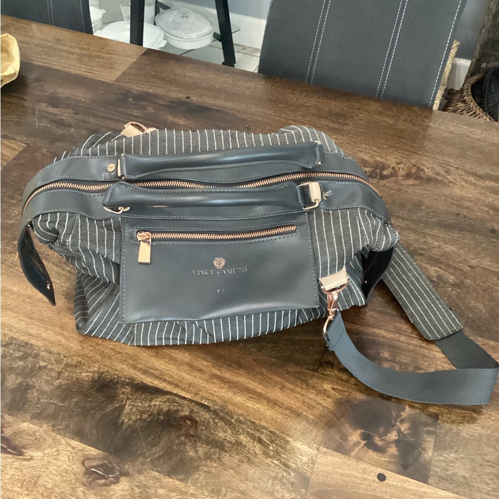 Vince Camuto Navy Pinstripe Bag with Rose Gold Hardware